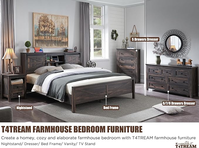 T4TREAM Farmhouse 6 Drawers Dresser for Bedroom, Wood Rustic Wide Chest of Drawers, Storage Dressers Organizer for Bedroom, Living Room, Hallway, Dark Rustic Oak