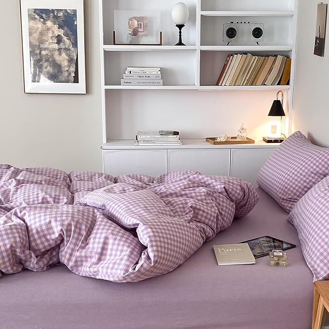 mixinni Purple Gingham Comforter Set Full, Plaid Comforter Set 3 Pieces 1 Purple Grid Comfoter with 2 Pillow Cases for All Seasons, Soft Fluffy Modern Grid Pattern Printed Bedding-Full Size