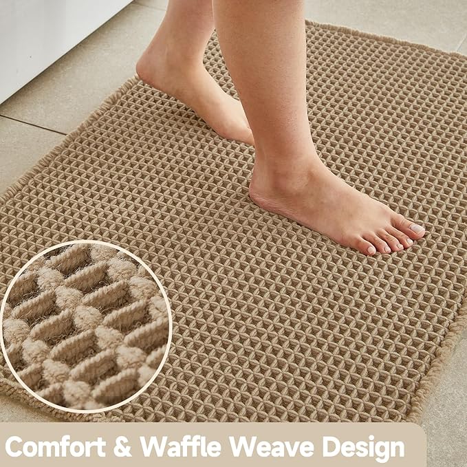 Waffle Bath Mat, Boho Bathroom Rugs Non Slip Washable Super Absorbent Quick Dry Farmhouse Bathroom Decor, 24"x16" Khaki
