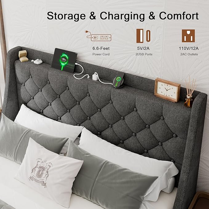 Upholstered Queen Bed Frame with 4 Storage Drawers, Modern Platform Bed with Wingback Headboard, Charging Station, No Box Spring Needed, Dark Grey