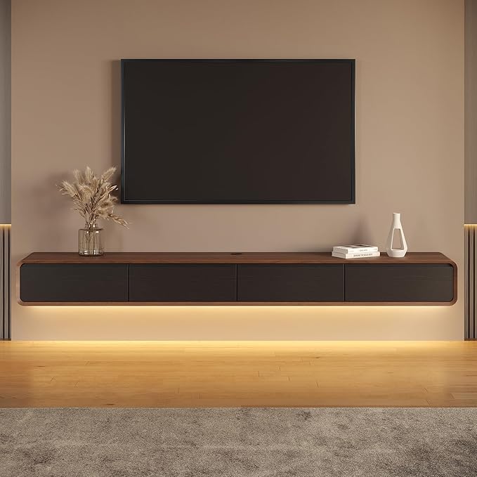 Minimalist Floating TV Stand with LED Lights, Modern Wall-Mounted Media Console with 4 Flip-Down Cabinet Doors for 85 Inch TV, Fully-Assembled, Walnut Veneer, 94"
