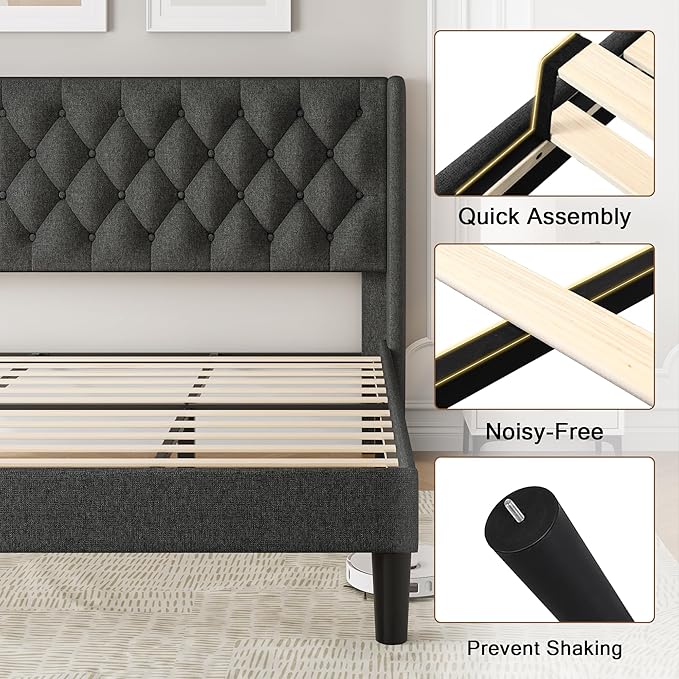 King Size Upholstered Bed Frame with Wingback Headboard, Fabric Linen Platform Bed, 8" Under Bed Storage, Wooden and Metal Slats Support, No Box Spring Needed, Noise Free, Dark Grey