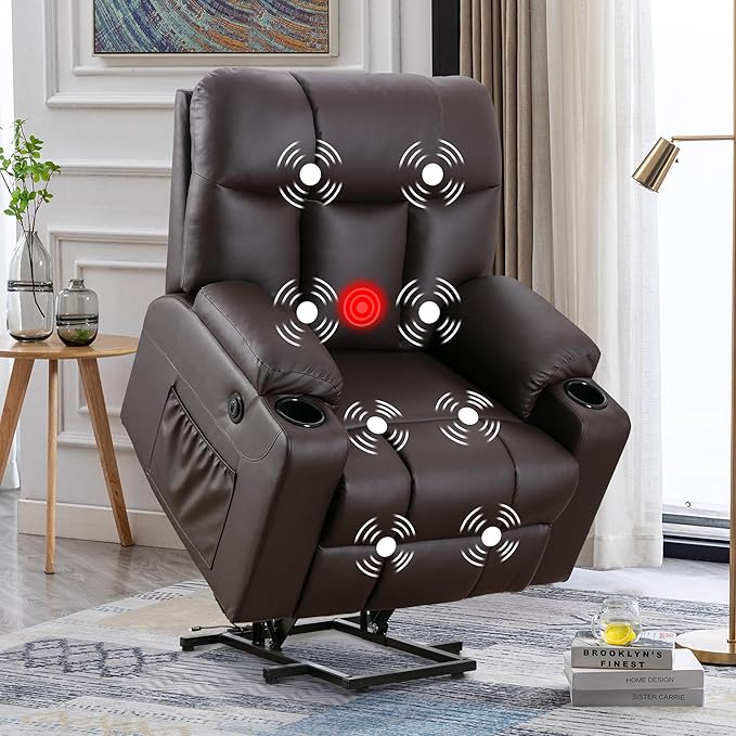 Bonzy Home Oversized Power Lift Recliner Chair for Elderly, Faux Leather Lift Chair with Heated and Massage, Extra Wide Single Sofa with 2 Cup Holders, Side Pockets, USB Port, Brown
