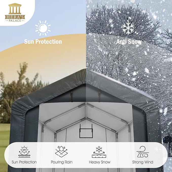 HERA'S PALACE 6x10ft Heavy Duty Storage Shed Outdoor Portable Car Canopy Carport Garage with 2 Rolled up Zipper Doors UV Resistant Waterproof Anti-Snow for Motorcycle Truck