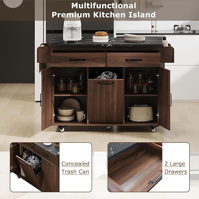 Kitchen Island with Storage & Drop Leaf, 51" Kitchen Rolling Island on Wheels with Spice Rack & Towel Rack, Kitchen Island Cart with Trash Can Storage, Walnut Brown