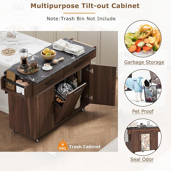 Kitchen Island with Storage & Drop Leaf, 51" Kitchen Rolling Island on Wheels with Spice Rack & Towel Rack, Kitchen Island Cart with Trash Can Storage, Walnut Brown