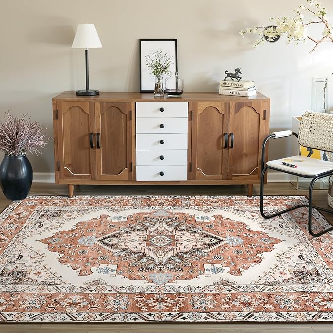 Vintage Area Rug 5x8 Rugs, Machine Washable Vintage Area Rug Non-Slip Low Pile Large Rug for Living Room, Bedroom, Farmhouse, Dining Room, Orange