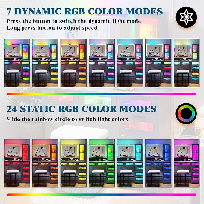 HNEBC RGB Vanity Desk with Mirror and Lights, LED Vanity Makeup Desk with USB/Wireless Charger Station, Vanities Dressing Table Sets with 6 Drawers/Cabins/Stool/Shelves for Bedroom&Cloakroom,Grey