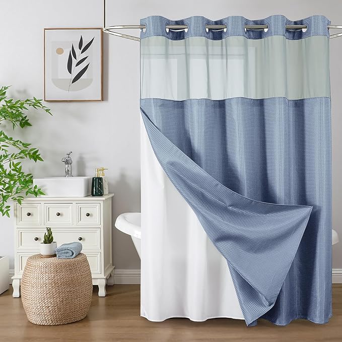 No Hook Shower Curtain with Snap in Fabric Liner, Waffle Weave Heavy Duty Thick Shower Curtains with Mesh Top Window, Hotel Style Waterproof Bathroom Curtain Set, 72 x 75 Inch, Moonlight Blue