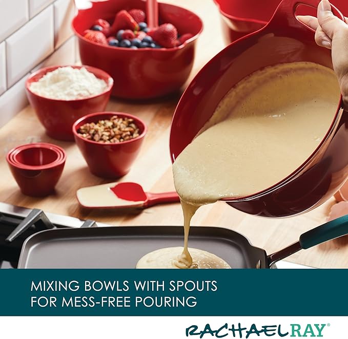 Rachael Ray Pantryware Nesting Mixing Bowls with Built-in spouts and Handles and Measuring Cups For Space-saving storage, Utensil Set, Dishwasher Safe, 10 Piece, Red