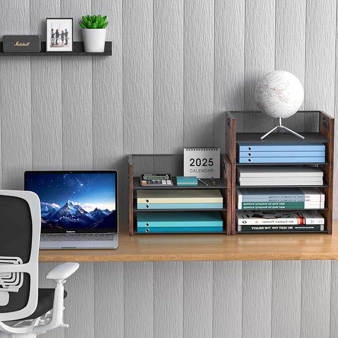 3 Tier Wood Paper Organizer for Desk, Metal Office Organizer and Accessories with Handle, Mesh File Holder for Desk, File Cabinets for Home Office, School