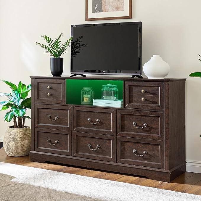 Dresser for Bedroom with Charging Station & Led Lights,55.02" TV Stand with 8 Drawers,Dressers & Chests of Drawers with Open Shelves,Hallway,Closet 55.02" W x 34.53" H x 15.77" D Brown