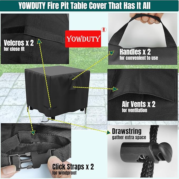 YOWDUTY Propane Fire Pit Cover Square 30 Inch, Waterproof Heavy Duty 600D Gas Fire Pit Table Cover 30 x 30 x 25 Inch, Fit 28-30 Inch Firepit Table, All-weather Protection For Patio Fire Table
