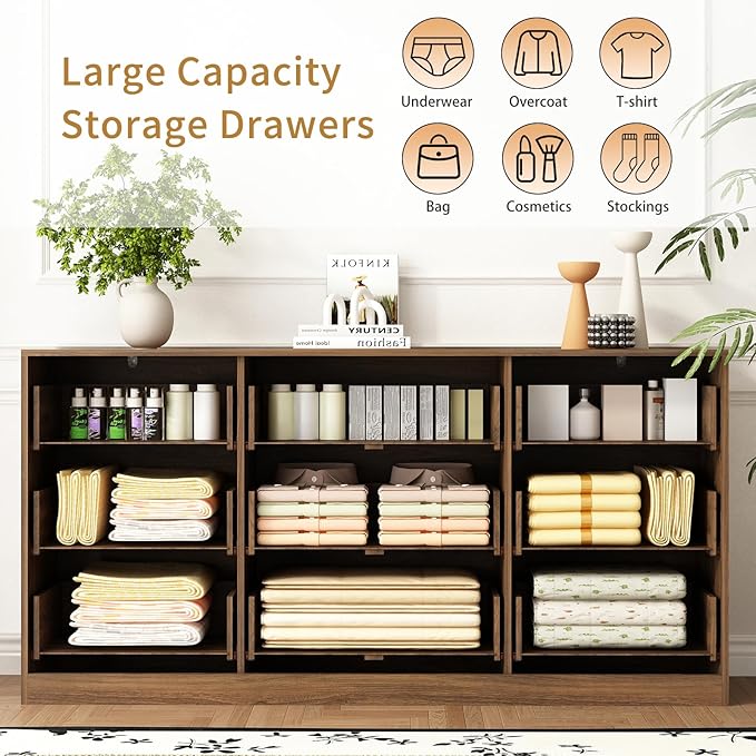 9 Drawer Dresser for Bedroom with Deep Drawers, 63" Wide Wood Dresser, Large Floor Chest of Drawers, Modern Long TV Stand, Mid Century Storage Cabinet Side Table, Natural