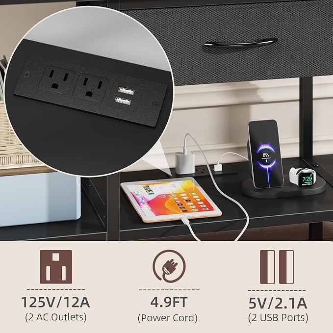 LED TV Stand with Power Outlet and Fabric Drawer for 55 50 45 Inches TV - Entertainment Center and Industrial TV Console Table for Living Room, Bedroom- 47" Black