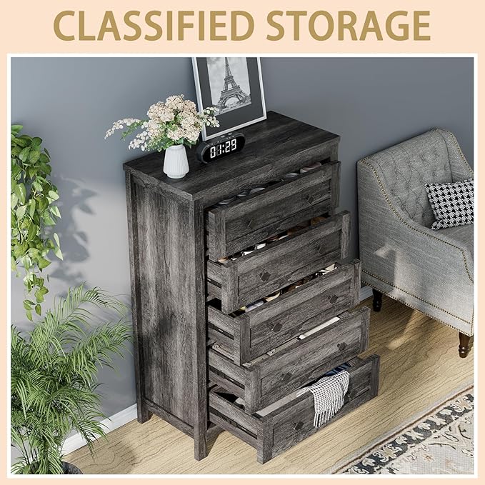 Farmhouse 5 Drawers Dresser, Wood Rustic Chest of Drawers for Bedroom, Tall Dressers Organizer with Metal Handles, 5 Drawers Chest for Living Room, Hallway, Entryway, Grey