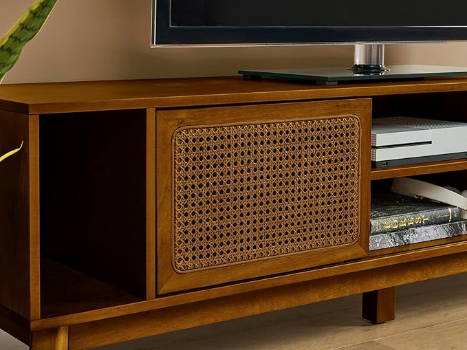 68 Inch Mid Century Modern TV Stand with Rattan Doors, MCM Entertainment Center Media Console for 60/65/70/75 inch TVs, Long Boho Television Stand for Living Room, Light Walnut