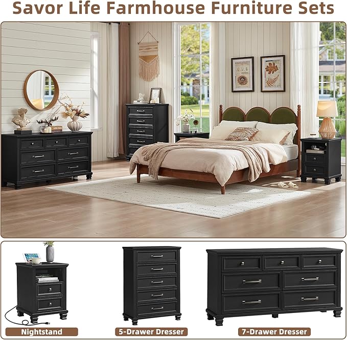 Farmhouse 7 Drawer Dresser for Bedroom, 54” Wide Dresser for Closet, Large Rustic Wooden Dressers, Chest of Drawers for Bedroom, Living Room, Entryway, Black