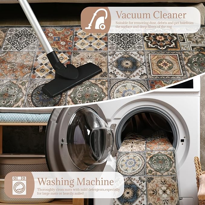 Washable Entryway Rug 3'x5 Non-Slip Backing Vintage Indoor Rug Low Pile Lighrweight Carpet for High-Traffic Indoor Entrance & Kitchen