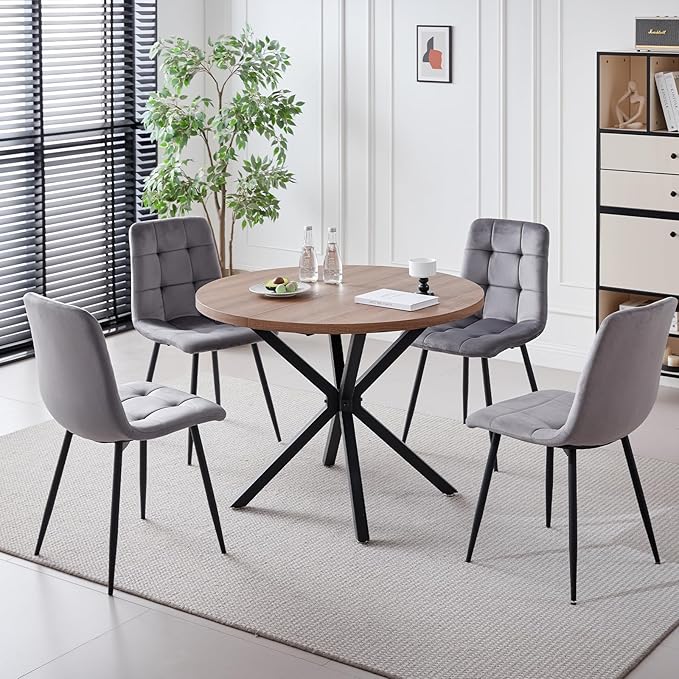 39" Round Dining Table Set for 4, Mid Century Kitchen Table with 4 Velvet Dining Chairs for Apartment Living Room Space Saving