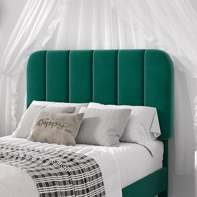 VECELO Twin Size Bed Frame with Upholstered Headboard, Velvet Platform Bedframe Mattress Foundation, Strong Wood Slat Support, No Box Spring Needed,Green