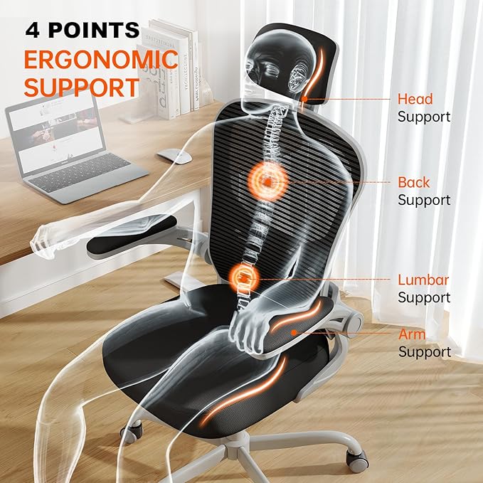 Office Chair Ergonomic Desk Chair, 330LBS Capacity, High Back Computer Chair for Long Hours Comfortable, Rolling Swivel Chair for Home Office, Flip-up Armrests（Grey Black）