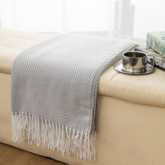 Gealaek Light Grey Throw Blanket Chevron Lightweight Fuzzy Soft Cozy Decorative Blankets for Sofa Bed Farmhouse Throw Blanket Grey with Fringe 50" x 60"