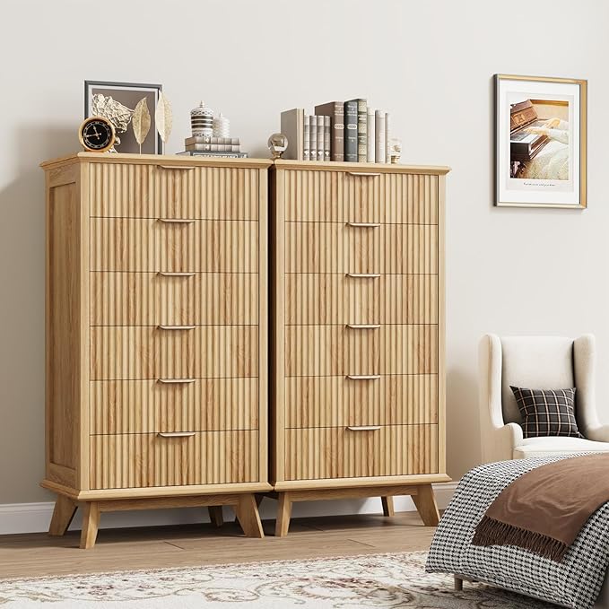QUW Fluted 6 Drawer Dresser for Bedroom, Modern Tall Chest of Drawers with Metal Handle, Large Wood Storage Chest Organizer Accent Storage Cabinet for Living Room, Hallway, Entryway, Natural Oak