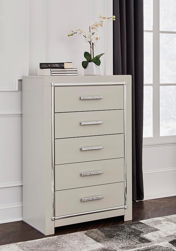 Signature Design by Ashley Zyniden Glam 5 Drawer Wide Chest with Safety Stop for Bedroom, Chrome