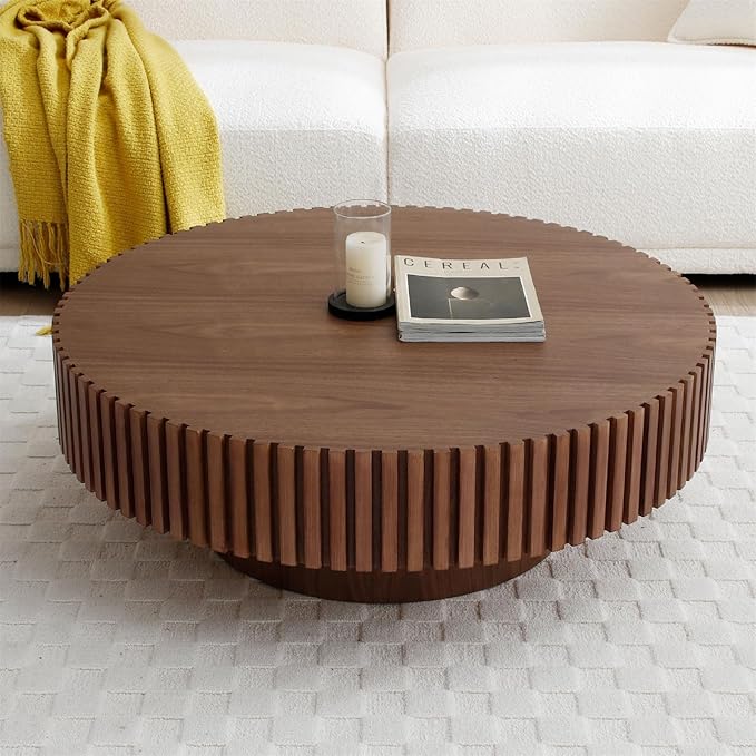 Round Coffee Table for Living Room, Accent Fluted Drum Coffee Table with Storage, Modern Solid Wood Circle Center Tea Table for Small Space Apartment (35.4''D×14''H-Walnut)