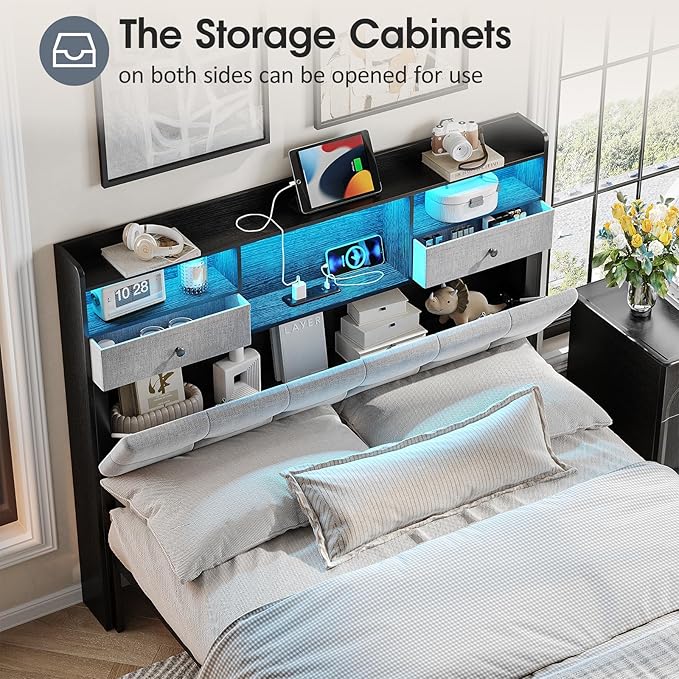 Maupvit Headboard Queen Size with Storage, Queen Headboard Only with 2 Drawers, Charging Station and LED Lights, Upholstered Headboards Easy Assembly, Black&Grey