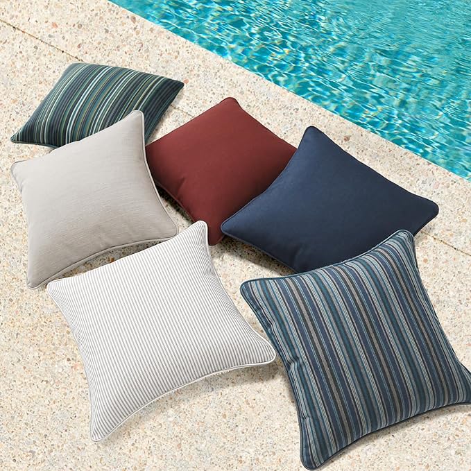 Sunbrella Decorative Outdoor Water Repellent Throw Pillows with Inserts, Set of 4, 18" x18" Pillows for Patio, Backyard, Bed, Couch, and Patio Furniture, Beach Stripe Lagoon