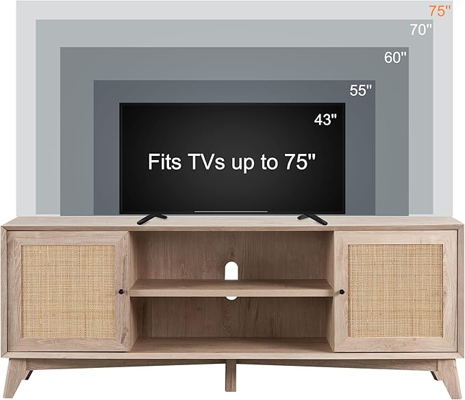 OKD TV Stand for 75+ Inch TV, Mid Century Modern Entertainment Center with Natural Rattan Door, Storage Shelves, Large Boho Media TV Console, Long Television Stand for Living Room, Oak