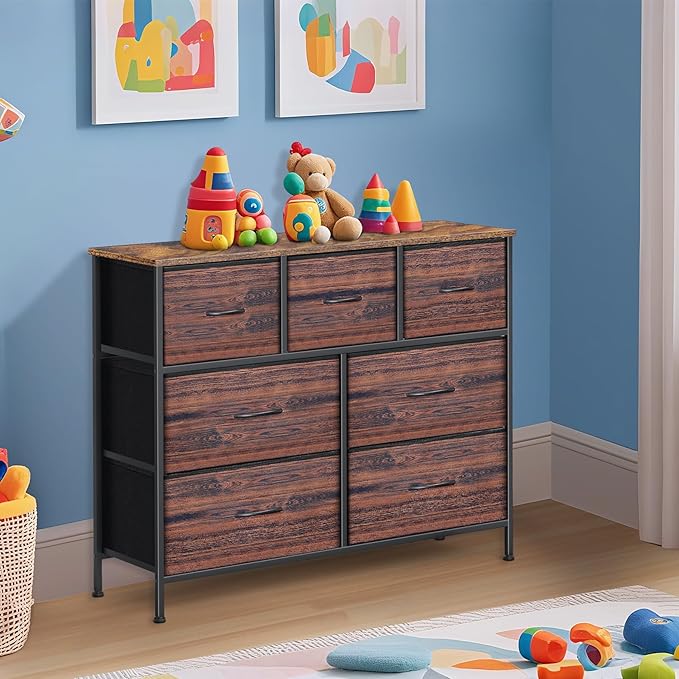 Dresser for Bedroom with 7 Drawers, Chest of Drawers, Storage Drawers Organizer Unit, Black Wide Fabric Dresser with Fabric Bins for Closet, Living Room, Entryway (Brown and Rustic Brown)