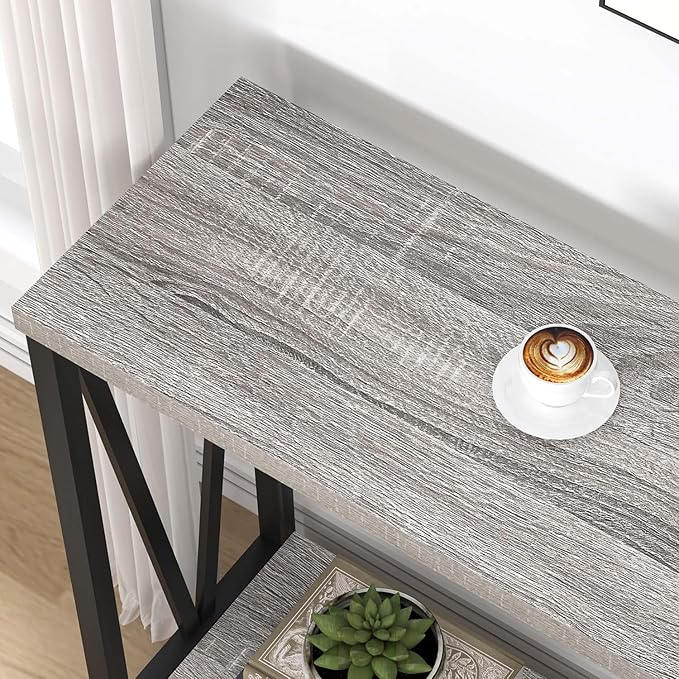 FOLUBAN Industrial Sofa Console Table, Rustic Wood and Metal Entryway Hallway Table for Living Room Entrance, 43.3 Inch Light Grey