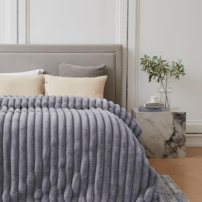 Faux Fur Throw Blanket for Couch, Cozy Warm Plush Striped Blanket for Sofa Bedroom Living Room, 50x60 Inches Grey