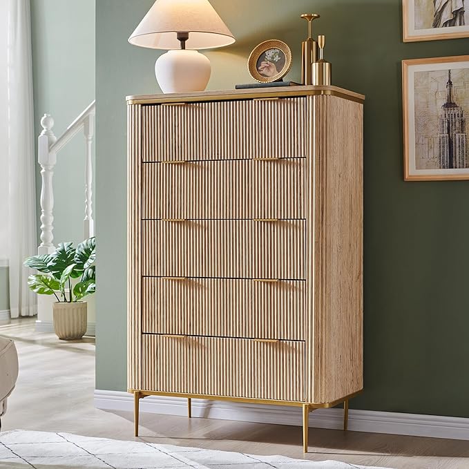 T4TREAM Fluted 5 Drawers Dresser for Bedroom, 48" Tall Modern Dresser Chest of Drawers, Gold Accents, Fluted Fronts, Wood Storage Dressers Organizer for Bedroom, Living Room, Natural Oak