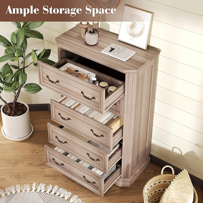 Farmhouse 48" Tall 5 Drawers Dresser for Bedroom, Wood Rustic Chest of Drawers with Corner Bevel Shape, Closet Storage Dressers Organizer for Bedroom, Living Room, Hallway, Grey Walnut