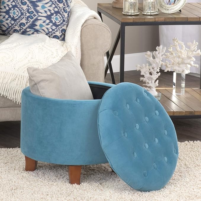 Homepop Home Decor | Upholstered Round Velvet Tufted Foot Rest Ottoman | Ottoman with Storage for Living Room & Bedroom | Decorative Home Furniture, Teal Small