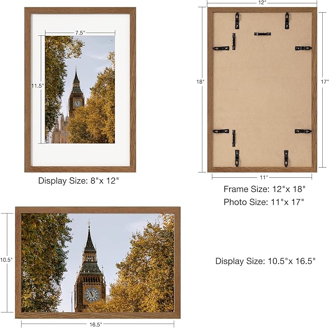 Axeman 11x17 Picture Frame with Mat for 8x12, Solid Oak Wood Poster Frame with Tempered Glass, Natural Wooden 11''x17'' Photo Frame for Wall Home Decor Art Photo and Prints with Wall Hooks, Walnut