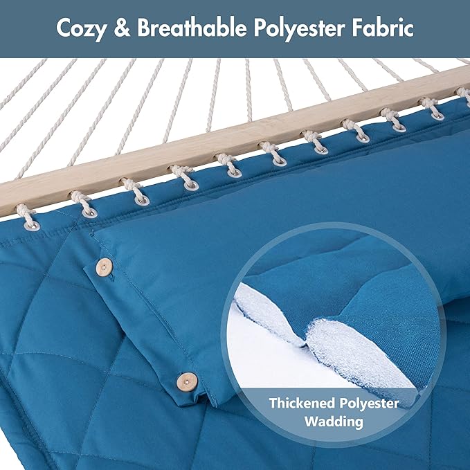 ANOW Quilted Hammock with Spreader Bars and Detachable Pillow, Large Hammock for Outdoors Indoors, 450 LBS Weight Capacity, Blue