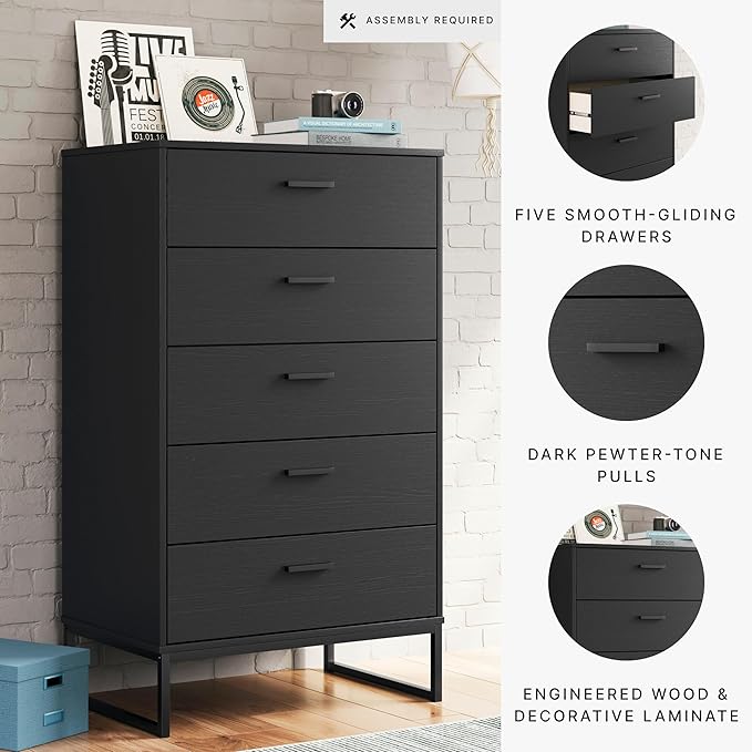 Signature Design by Ashley Socalle Modern 5 Drawer Chest with Safety Stop and Metal Legs for Bedroom, Black