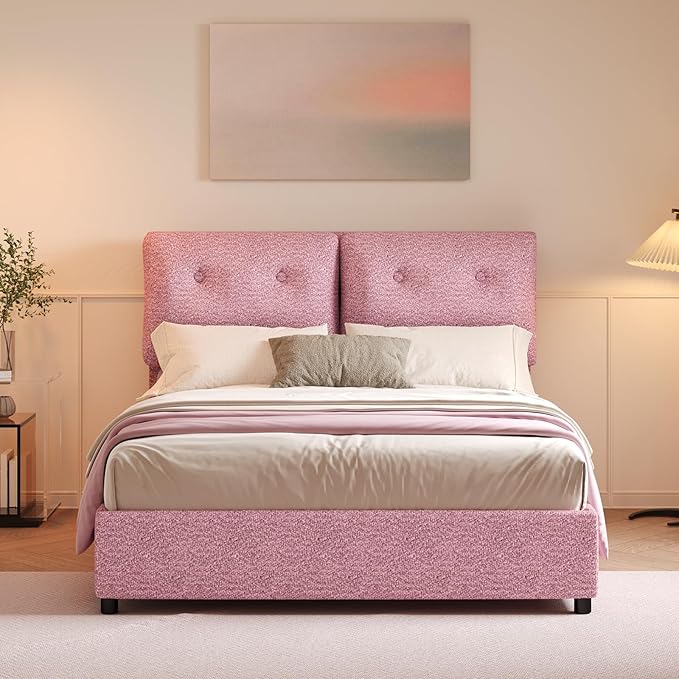 Full Bed Frames,Breathable Boucle Fabric Upholstered Bed Frame with Headboard,Removable and Washable,Wood Slat Support,No Box Spring Needed,Easy Assembly,Pink