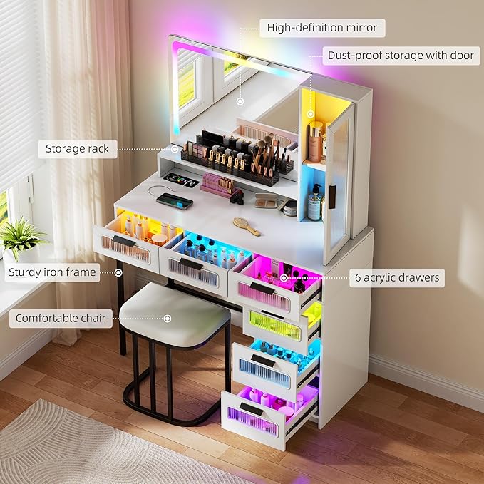 LED Make Up Vanity Desk with Mirror and Light, Smart Dressing Table with 6 Drawers, 3 Shelves, 24 Color Lighting Modes, Cushioned Stool, USB Type-C Storage for Bedroom Dressing Room White