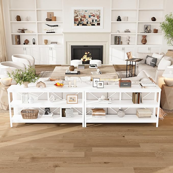 karlott 3-Tier Console Table, 55.1" Entryway Table with Metal Frame and Open Shelves, Modern Behind Couch Sofa Table for Living Room, Hallway, Foyer, Entrance, Industrial, Bookshelf, White