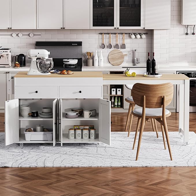 74.5" Rolling Kitchen Island on Wheels with Extendable Dining Table, Storage Cart with 2 Drawers, 4 Door Cabinet, Spice Rack for Kitchen, Dining Room, White