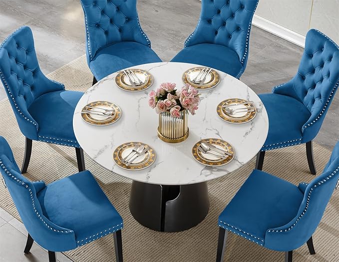 7-Piece Faux Marble Round Dining Table Set for 6, Modern Luxury Kitchen Table Set for 6 with Blue Tufted Chairs,Circle Dining Tables with White Marble Grain Top and Black Pedestal Base
