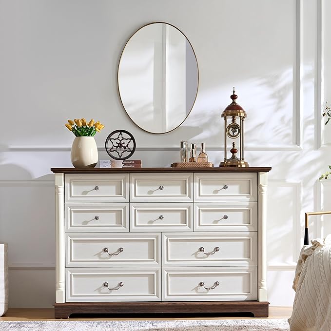 Farmhouse 10 Drawer Dresser with Roman Column Design, 54" Large Wood Chest of Drawers for Bedroom, Living Room, Antique White