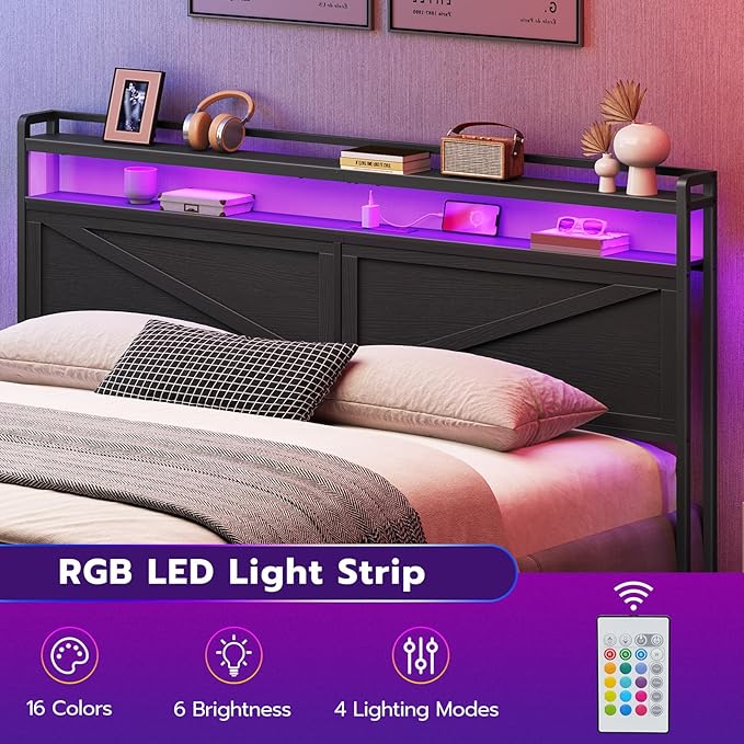 HOOBRO King Size Headboard, Headboard with Charging Station and LED Light Strip, 2-Tier Storage Head Board with Outlets and USB Ports, Industrial Style, for King Size Beds, Black