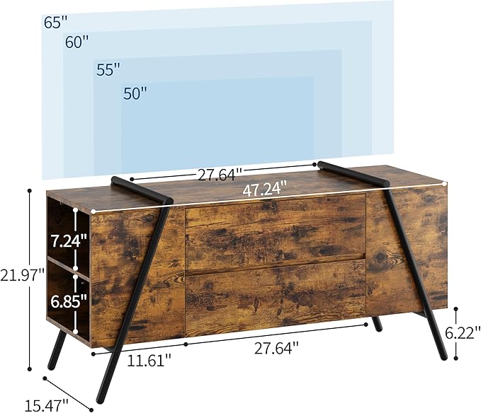 GarveeHome TV Stand for 47 Inch TV, Entertainment Center with 2 Drawers, Adjustable Shelves, U-Shaped Metal Legs, Farmhouse Wooden TV Console for Living Room, Bedroom, Amber Oak